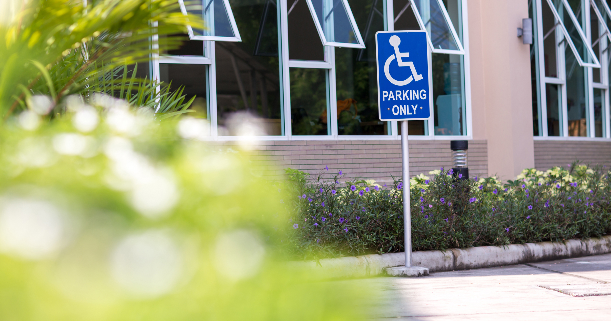 Image of a blue handicap parking sign in an office parking lot